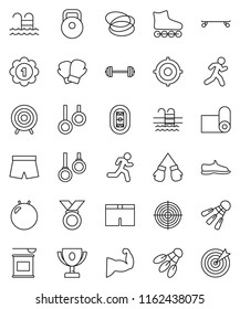 thin line vector icon set - award cup vector, target, barbell, weight, fitball, muscule hand, snickers, boxing glove, shorts, roller Skates, skateboard, medal, sports nutrition, fitness mat, pool