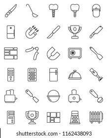 thin line vector icon set - camping cauldron vector, spatula, ladle, knife, grater, toaster, blender, dish, award cup, magnet, safe, hand trainer, consolidated cargo, scalpel, tooth implant, fridge