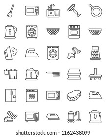 thin line vector icon set - scraper vector, broom, vacuum cleaner, fetlock, sponge, iron, steaming, drying clothes, washer, sink, pan, kettle, colander, grater, microwave oven, fridge, dishwasher