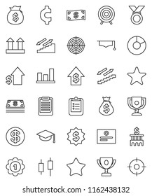 thin line vector icon set - graduate hat vector, clipboard, award cup, certificate, graph, pie, japanese candle, money bag, dollar growth, bank building, medal, cent sign, target, stairways run, top