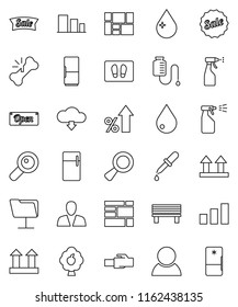 thin line vector icon set - water drop vector, welcome mat, sprayer, percent growth, consolidated cargo, top sign, sorting, magnifier, dropper, broken bone, counter, network folder, lan connector