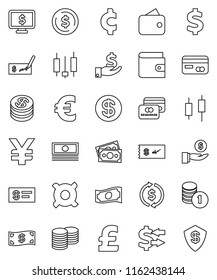 thin line vector icon set - exchange vector, dollar coin, japanese candle, wallet, cash, investment, stack, check, monitor, any currency, euro sign, pound, yen, cent, money, credit card, shield