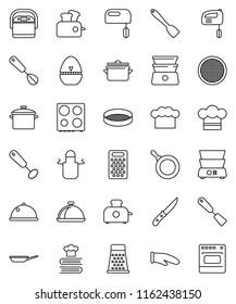 thin line vector icon set - pan vector, cook hat, apron, glove, timer, whisk, spatula, knife, grater, oven, double boiler, cookbook, sieve, dish, mixer, multi cooker, toaster