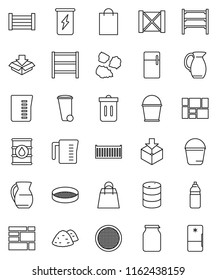 thin line vector icon set - bucket vector, trash bin, garbage pile, measuring cup, jug, sieve, jar, enegry drink, water bottle, sea container, wood box, consolidated cargo, package, oil barrel