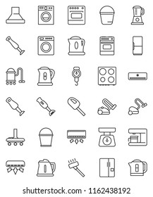 thin line vector icon set - vacuum cleaner vector, bucket, kettle, scales, oven, blender, air conditioner, fridge, washer, coffee maker, hood