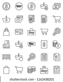 thin line vector icon set - dollar coin vector, cart, credit card, stack, receipt, estate document, search, new, shopping bag, buy, barcode, reader, basket, list