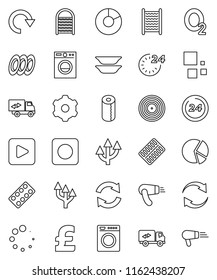 thin line vector icon set - washboard vector, toilet paper, plates, pie graph, pound, oxygen, disk, play button, rec, pills blister, gear, refresh, redo, loading, route arrow, relocation truck