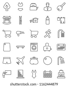 thin line vector icon set - clothespin vector, drying clothes, shower, kettle, cutting board, toaster, blackboard, calendar, fitball, shorts, swimsuite, skateboard, water bottle, run, plane, client