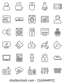 thin line vector icon set - washer vector, toaster, microwave oven, calculator, magnet, flask, laptop graph, heart monitor, satellite, support, radio, settings, diagnostic, cloud glass, server, iron