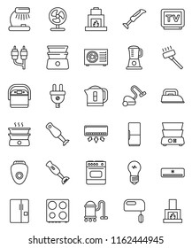thin line vector icon set - vacuum cleaner vector, oven, double boiler, blender, table lamp, tv, rca, air conditioner, ari condition, fridge, power plug, iron, mixer, multi cooker, epilator, fan