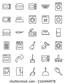 thin line vector icon set - broom vector, vacuum cleaner, scoop, sponge, iron, steaming, washer, sink, pan, colander, grater, microwave oven, fridge, dishwasher