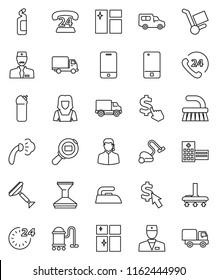 thin line vector icon set - scraper vector, vacuum cleaner, fetlock, car, window cleaning, iron, steaming, agent, shining, woman, dollar cursor, phone 24, delivery, cargo search, mobile, doctor