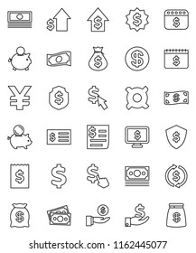 thin line vector icon set - exchange vector, cash, money bag, piggy bank, investment, dollar growth, receipt, medal, shield, calendar, monitor, cursor, any currency, yen sign, coin