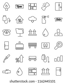 thin line vector icon set - water drop vector, welcome mat, sprayer, percent growth, consolidated cargo, top sign, sorting, classic phone, magnifier, dropper, broken bone, counter, network folder