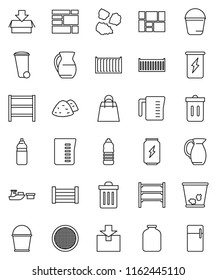 thin line vector icon set - bucket vector, trash bin, garbage pile, measuring cup, jug, sieve, jar, enegry drink, water bottle, sea container, port, wood box, consolidated cargo, package, shelving