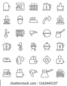 thin line vector icon set - iron vector, steaming, camping cauldron, kettle, cook glove, turk coffee, toaster, thermometer, bbq, flammable, fireplace, heating, maker, hair dryer, heater