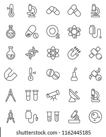thin line vector icon set - thermometer vector, drawing compass, atom, telescope, microscope, magnet, flask, pills, oxygen, satellite, antenna, vial, dna, drop counter, ovule