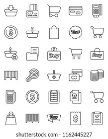 thin line vector icon set - dollar coin vector, cart, credit card, stack, receipt, estate document, search, new, shopping bag, buy, barcode, reader, basket, list