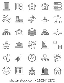 thin line vector icon set - molecule vector, bank building, hierarchy, dna, chromosomes, ovule, connect, big data, plan, apartments, office, home
