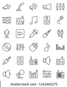 thin line vector icon set - music vector, disk, microphone, radio, speaker, loudspeaker, settings, equalizer, forward button, rca, jack