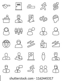 thin line vector icon set - water closet vector, student, manager, man, stairways run, support, client, speaking, doctor, gender sign, eye hat, head bandage, medical room, consumer
