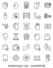 thin line vector icon set - water drop vector, car fetlock, rubber glove, scales, cook timer, toaster, jug, mushroom, school building, target, fitball, muscule hand, bottle, first aid kit, oxygen