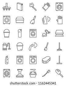 thin line vector icon set - broom vector, vacuum cleaner, mop, bucket, sponge, car fetlock, steaming, washer, washing powder, cleaning agent, rubber glove