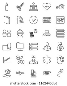 thin line vector icon set - washing powder vector, house hold, shower, water closet, towel, cook timer, spices, bbq, microscope, graph, money bag, hierarchy, heart pulse, punching, fitness mat, gift
