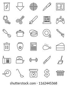 thin line vector icon set - scoop vector, trash bin, pan, kettle, whisk, ladle, knife, cake, chicken leg, pen, calculator, scissors, abacus, crisis, arrow down, dollar sign, barbell, target, hoop