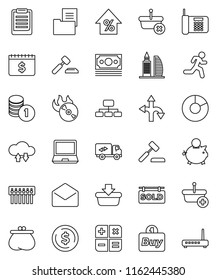 thin line vector icon set - clipboard vector, dollar coin, pie graph, percent growth, piggy bank, stack, auction, hierarchy, calendar, run, route, money, music hit, mail, cloud exchange, hub, wallet