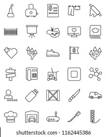 thin line vector icon set - cleaner trolley vector, car fetlock, drying clothes, cook hat, knife, rolling pin, toaster, cookbook, presentation, annual report, dollar flag, snickers, molecule, cross