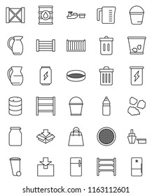 thin line vector icon set - bucket vector, trash bin, garbage pile, measuring cup, jug, sieve, jar, enegry drink, water bottle, sea container, port, wood box, package, oil barrel, shelving, fridge