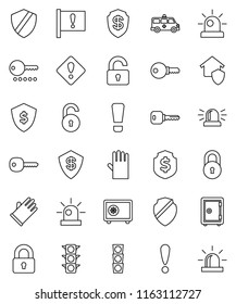 thin line vector icon set - rubber glove vector, dollar shield, safe, attention, traffic light, amkbulance car, lock, unlock, key, sign, siren, home protect, password