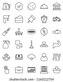 thin line vector icon set - plunger vector, vacuum cleaner, liquid soap, house hold, kettle, sieve, dish, potato, cake, alarm clock, paper pin, compass, abacus, bank, case, hierarchy, muscule hand