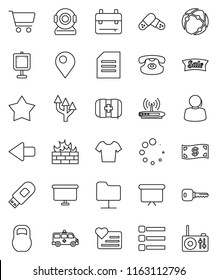 thin line vector icon set - backpack vector, presentation, document, cart, board, t shirt, heart monitor, first aid kit, support, weight, classic phone, pills, amkbulance car, connection, menu, key