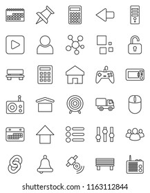 thin line vector icon set - bell vector, calculator, arrow up, target, calendar, dry cargo, radio, satellitie, settings, social media, group, thumbtack, play button, home, bench, loading, chain