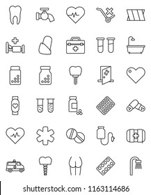 thin line vector icon set - water tap vector, heart pulse, pills vial, buttocks, monitor, first aid kit, no trolley, doctor bag, ambulance star, bottle, blister, hospital bed, amkbulance car, tooth