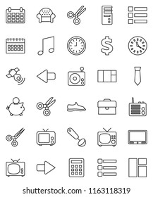 thin line vector icon set - ladle vector, scissors, music, piggy bank, case, clock, tie, calendar, dollar sign, snickers, radio, satellitie, tv, menu, arrow, cushioned furniture, calculator, window