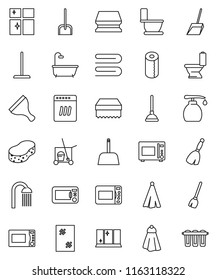 thin line vector icon set - plunger vector, scraper, cleaner trolley, broom, mop, scoop, sponge, towel, window cleaning, toilet, liquid soap, shining, paper, shower, microwave oven, bath, dishwasher