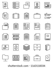 thin line vector icon set - case vector, clipboard, certificate, document, archive, exam, annual report, binder, receipt, newspaper, network folder, big data, estate, catalog