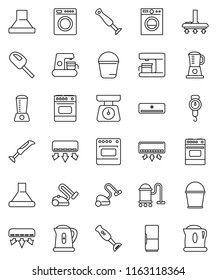 thin line vector icon set - vacuum cleaner vector, bucket, kettle, scales, oven, blender, air conditioner, fridge, washer, coffee maker, hood