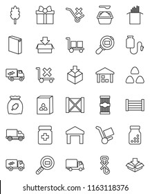 thin line vector icon set - washing powder vector, cereal, pasta, delivery, wood box, cargo, no trolley, hook, warehouse, package, search, pills bottle, drop counter, relocation truck, gift