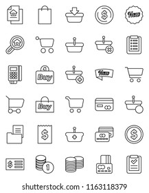 thin line vector icon set - dollar coin vector, cart, credit card, stack, receipt, estate document, search, new, shopping bag, buy, reader, basket, list