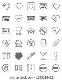 thin line vector icon set - sieve vector, arrow down, heart pulse, prohibition sign, no alcohol, cross, attention, glass, rec button, thermometer, vial, undo, stop, sale signboard, low price, new