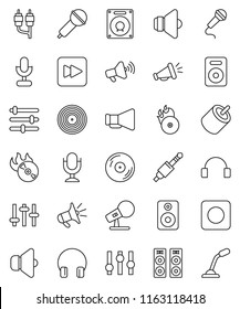 thin line vector icon set - disk vector, music hit, microphone, speaker, loudspeaker, settings, headphones, forward button, rec, rca, jack, equalizer