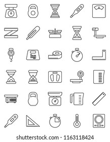 thin line vector icon set - measuring cup vector, scales, corner ruler, sand clock, stopwatch, weight, big, thermometer, store, kitchen