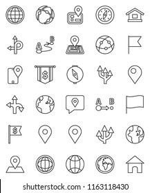 thin line vector icon set - compass vector, world, flag, dollar, route, navigator, earth, map pin, traking, internet, connection, globe, arrow, home