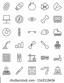 thin line vector icon set - clothespin vector, garbage pile, towel, spatula, knife, compass, magnet, pie graph, hand trainer, fitball, roller Skates, skateboard, bone, navigator, money, sorting, eye