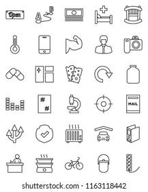 thin line vector icon set - window cleaning vector, camping cauldron, jar, student, cash, manager, binder, bike, muscule hand, breads, protected, route, equalizer, mobile phone, thermometer, pills