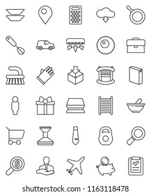 thin line vector icon set - fetlock vector, sponge, car, washing powder, rubber glove, washboard, pan, whisk, grater, plates, magnifier, piggy bank, case, money search, man, tie, weight, plane, pin